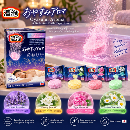 ONPO Oyasumi Aroma Bath Tablets 12 Count, 4 Relaxing Fragrances, Japanese Bath Soak with Lavender, Chamomile, Jasmine & Geranium