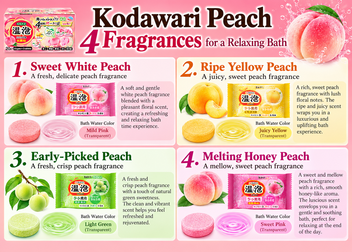 ONPO Peach Carbonated Bath Tablets, 20 Count, 4 Peach Fragrances, Japanese Bath Fizzies, Individually Wrapped, Made in Japan