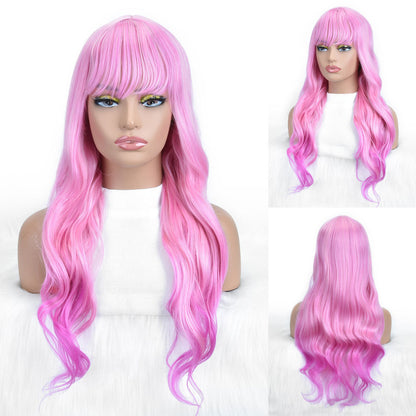Long Pink Wavy Wig with Bangs – Bright Pink Loose Wave Full Wig