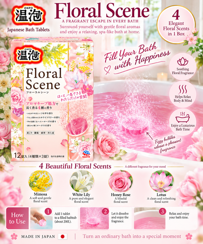 ONPO Floral Scent Bath Tablets 12 Count, Japanese Aromatic Bath Fizzies, 4 Floral Scents, Mimosa, White Lily, Honey Rose & Lotus