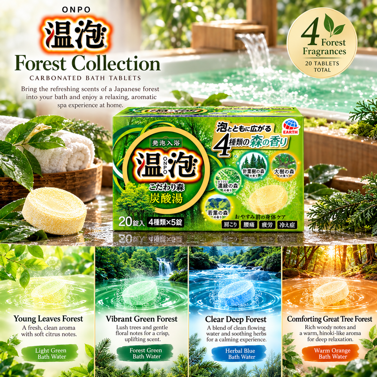 ONPO Forest Bath Tablets 20 Count, Japanese Carbonated Bath Fizzies, 4 Forest Scents, Assorted Aromatic Bath Tablets