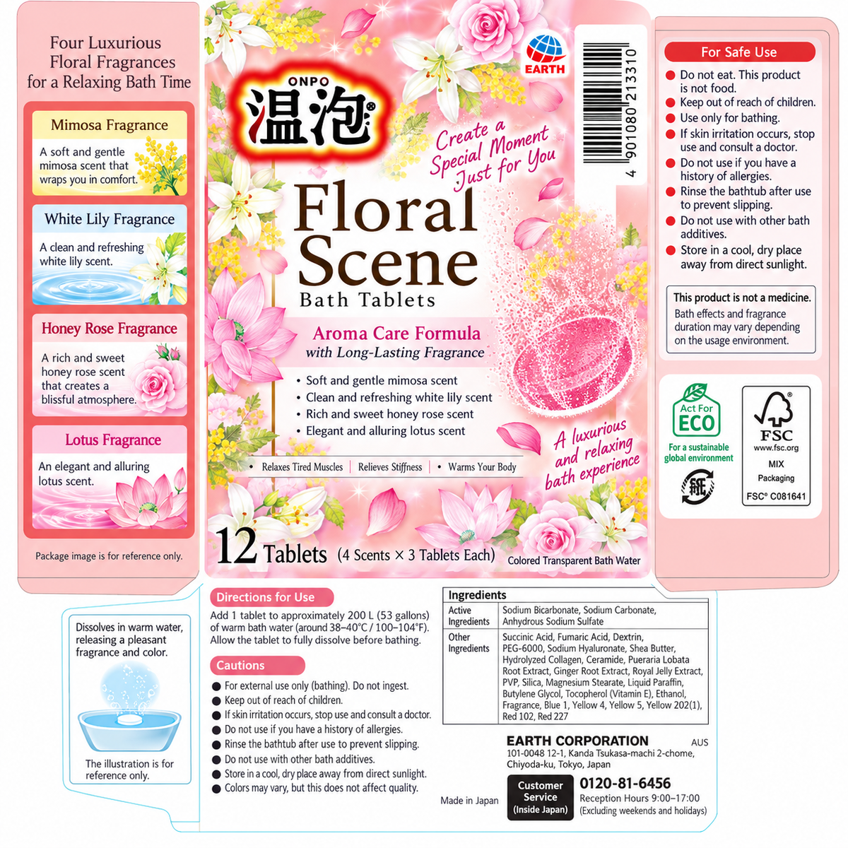 ONPO Floral Scent Bath Tablets 12 Count, Japanese Aromatic Bath Fizzies, 4 Floral Scents, Mimosa, White Lily, Honey Rose & Lotus