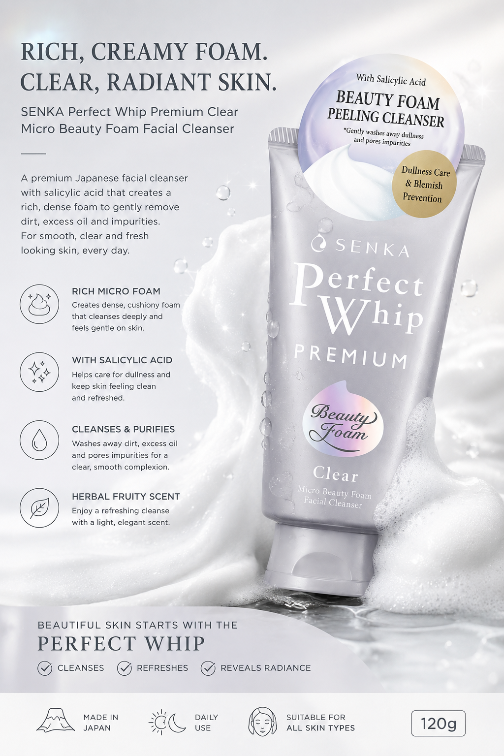 SENKA Premium Perfect Whip Clear 120g Japanese Foaming Facial Cleanser Face Wash