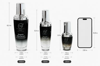 Three skincare serum bottles with measurements and a smartphone for scale on a white background.