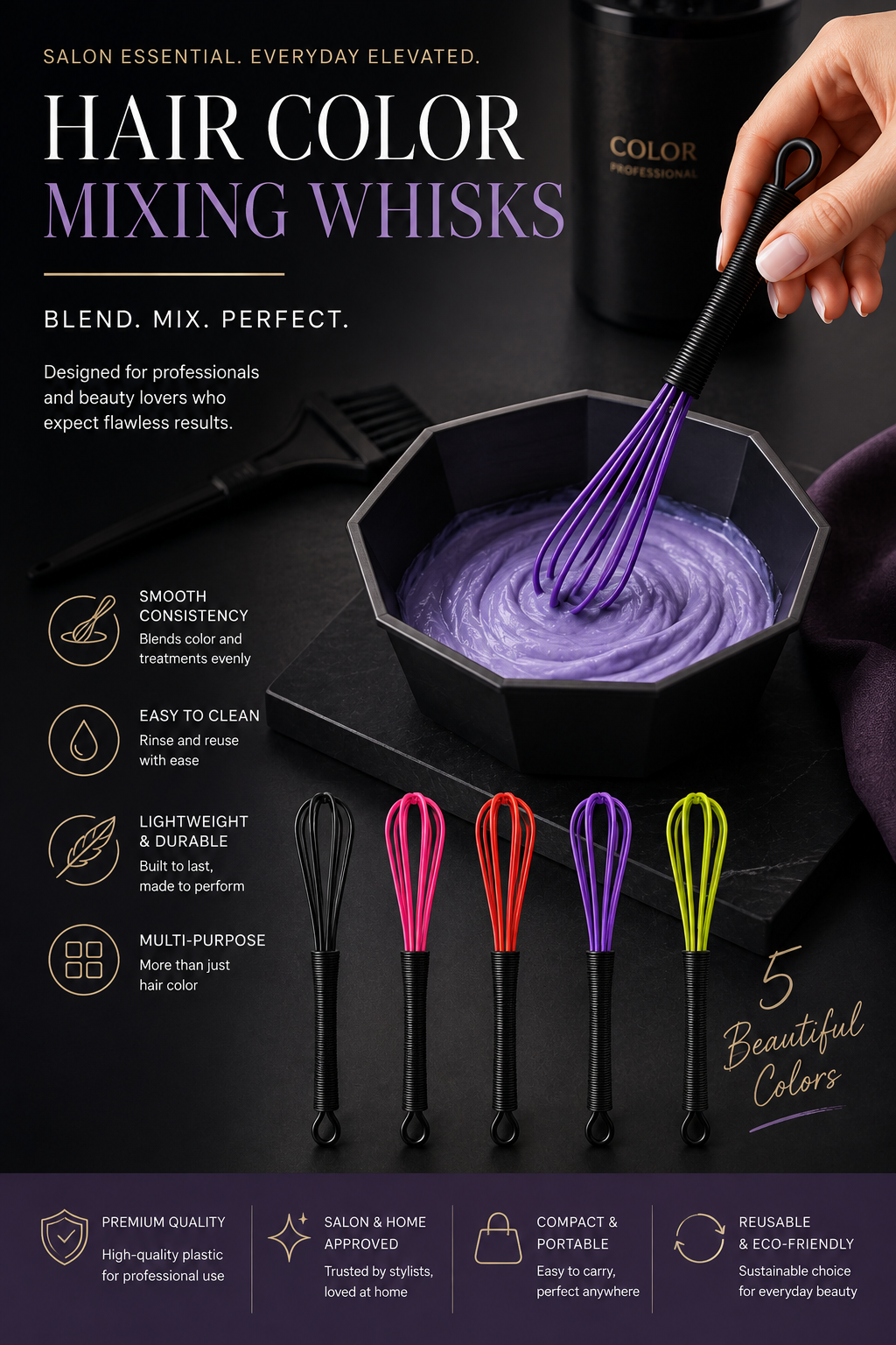 6 Pc Hair Color Mixing Whisk, Plastic Hair Dye Mixer, Salon & Home Hair Coloring Tool, Multicolor