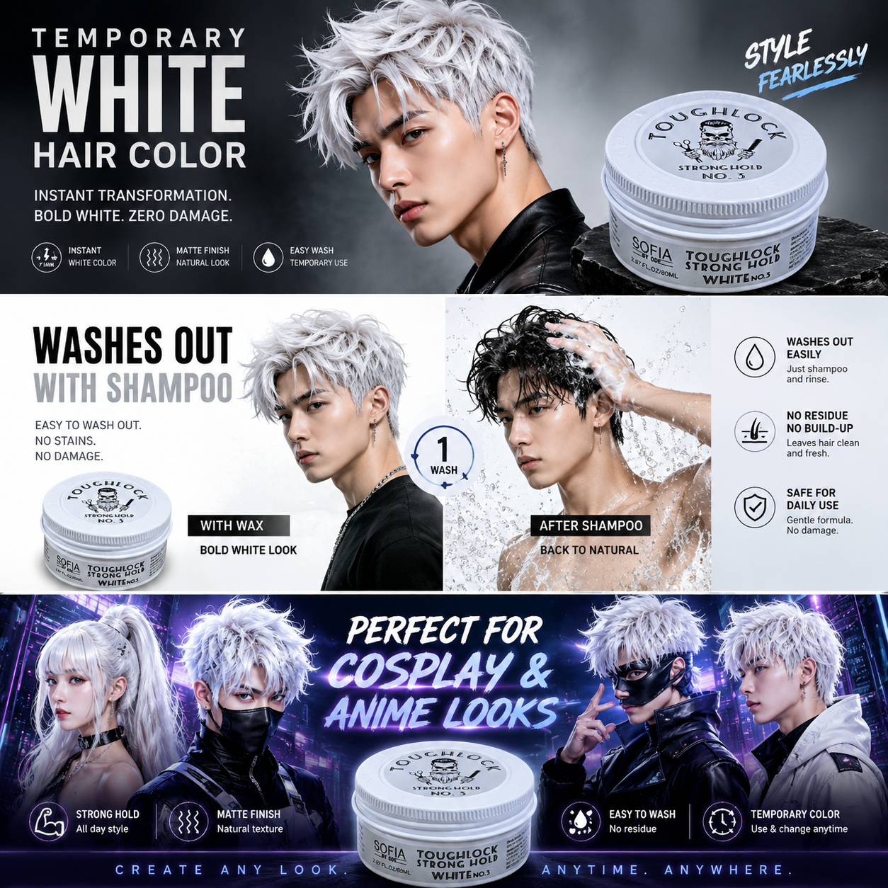 SOFIA BY ODE Tough Lock Strong Hold Wax No.3 White - Creative Hold with Temporary White Tint